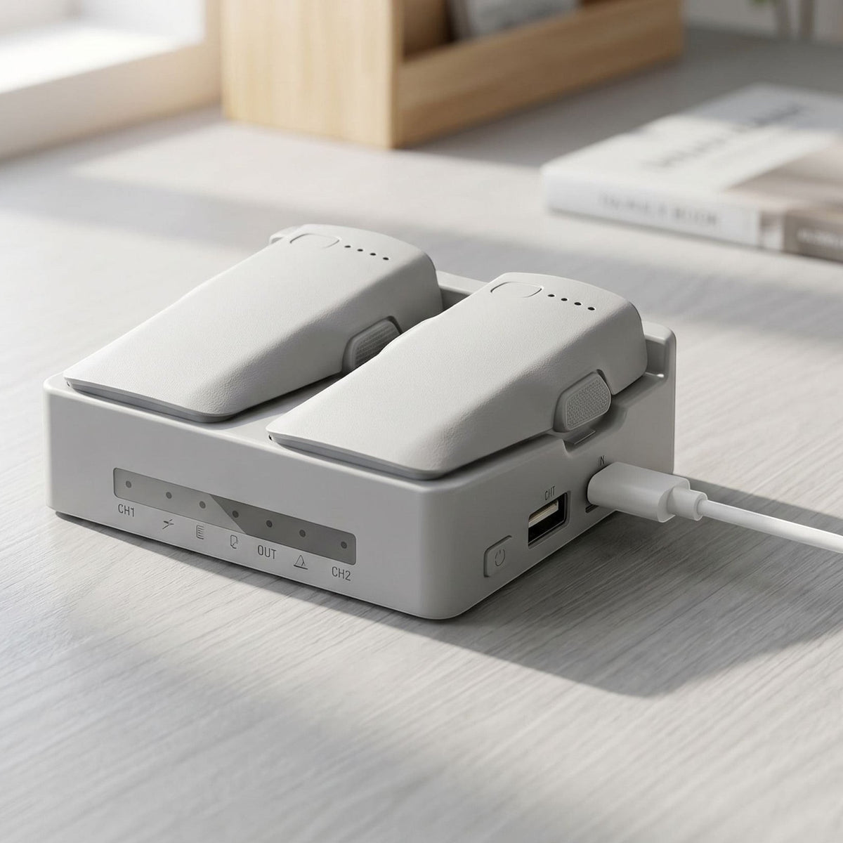 Unbranded drone battery charger resting on a matte surface in a bright home office with natural sunlight and minimal background.