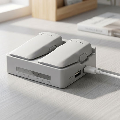 Unbranded drone battery charger resting on a matte surface in a bright home office with natural sunlight and minimal background.