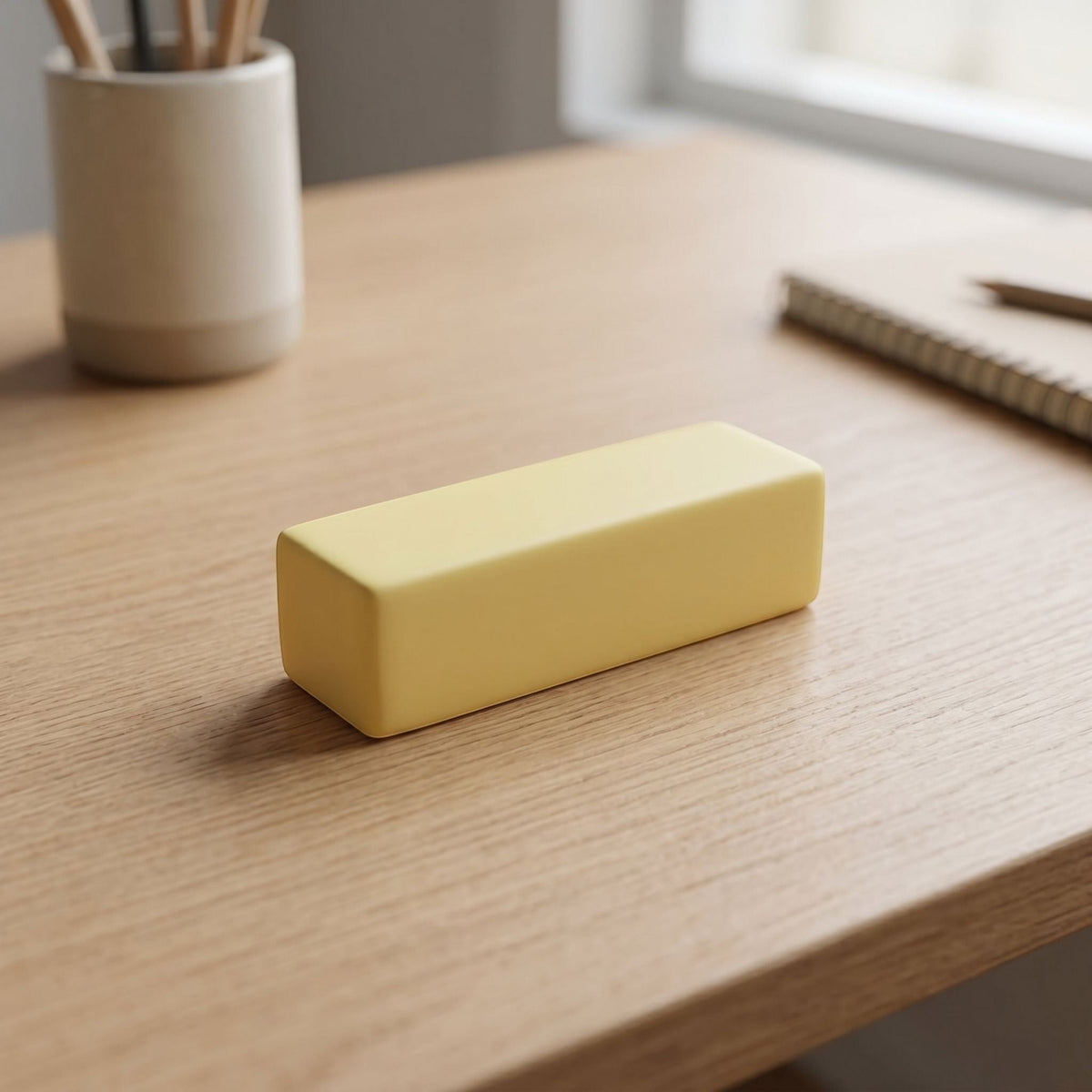Casual scene showing the soft butter-shaped squishy toy on a wooden desk, illustrating its compact size and relaxing use.