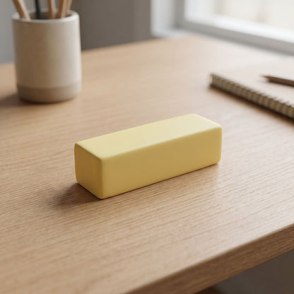Casual scene showing the soft butter-shaped squishy toy on a wooden desk, illustrating its compact size and relaxing use.
