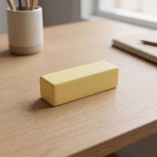 Casual scene showing the soft butter-shaped squishy toy on a wooden desk, illustrating its compact size and relaxing use.