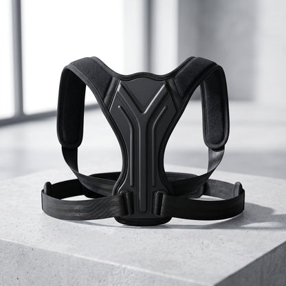 Posture support brace draped over a simple ergonomic chair in a bright minimalistic home office, demonstrating comfort and support in a natural setting.