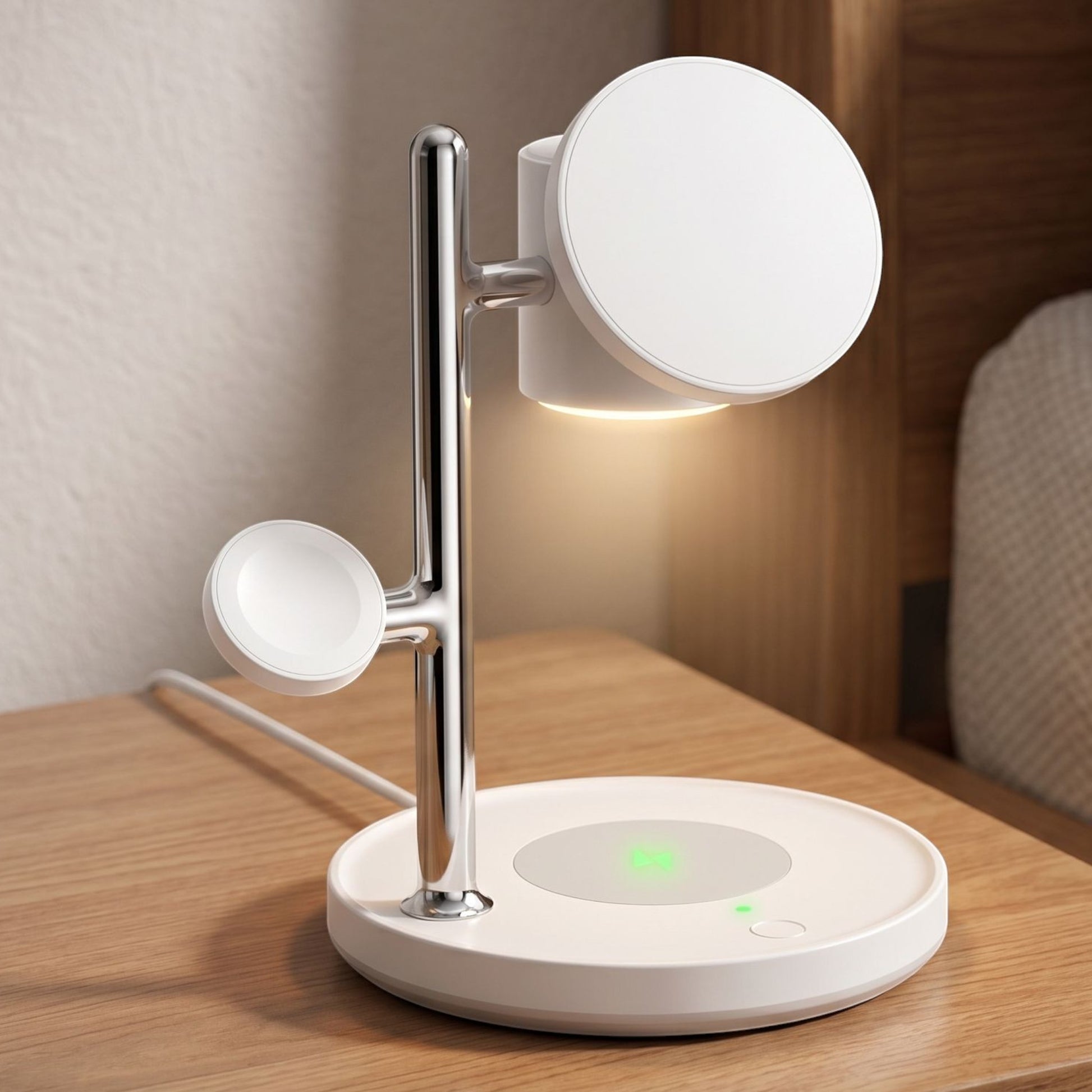 Lifestyle scene showing wireless charging station on bedside table with phone in landscape and night lamp on.