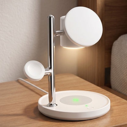Lifestyle scene showing wireless charging station on bedside table with phone in landscape and night lamp on.