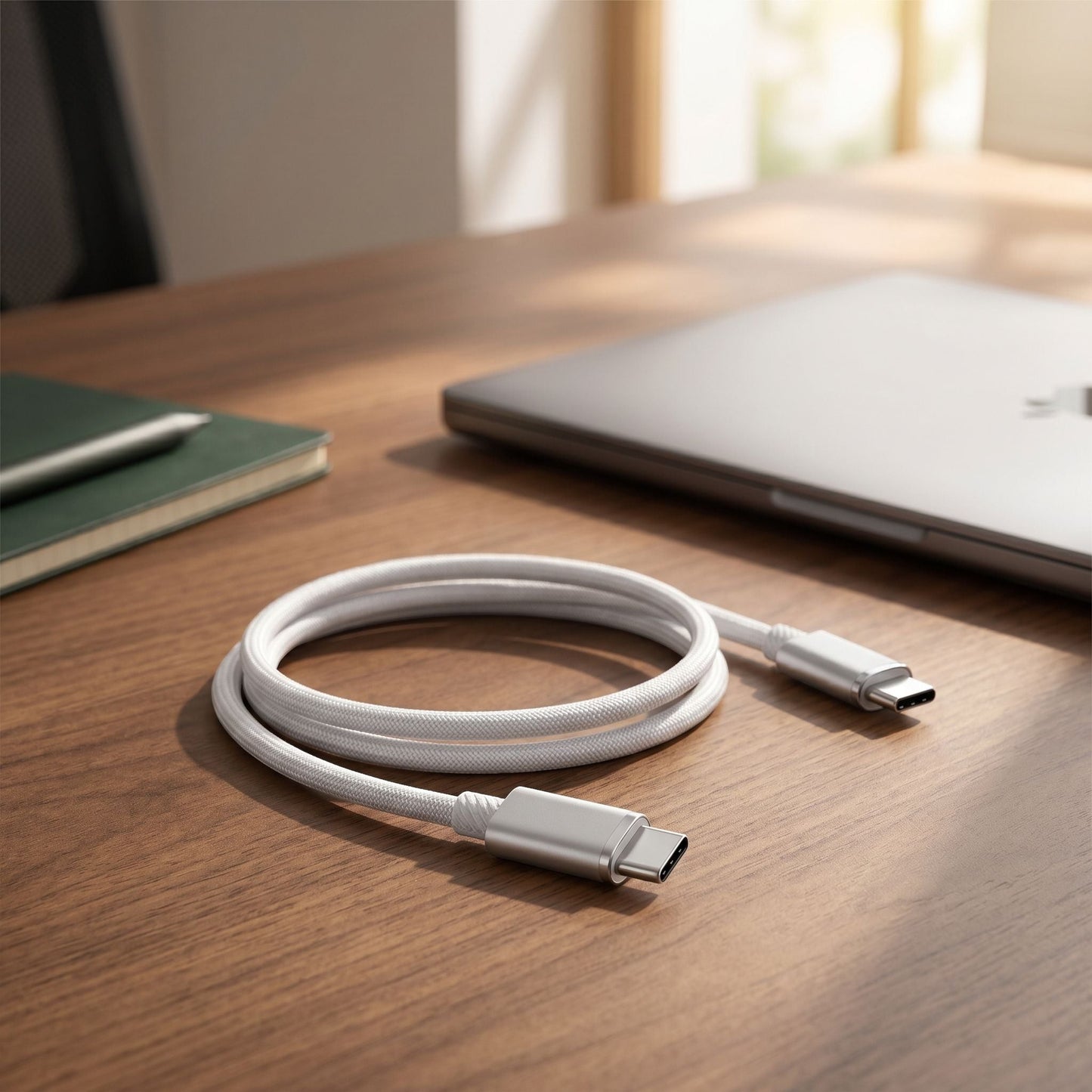 Coiled USB-C to USB-C cable on a sleek workspace with laptop and notepad, showcased in natural warm lighting for a professional look.