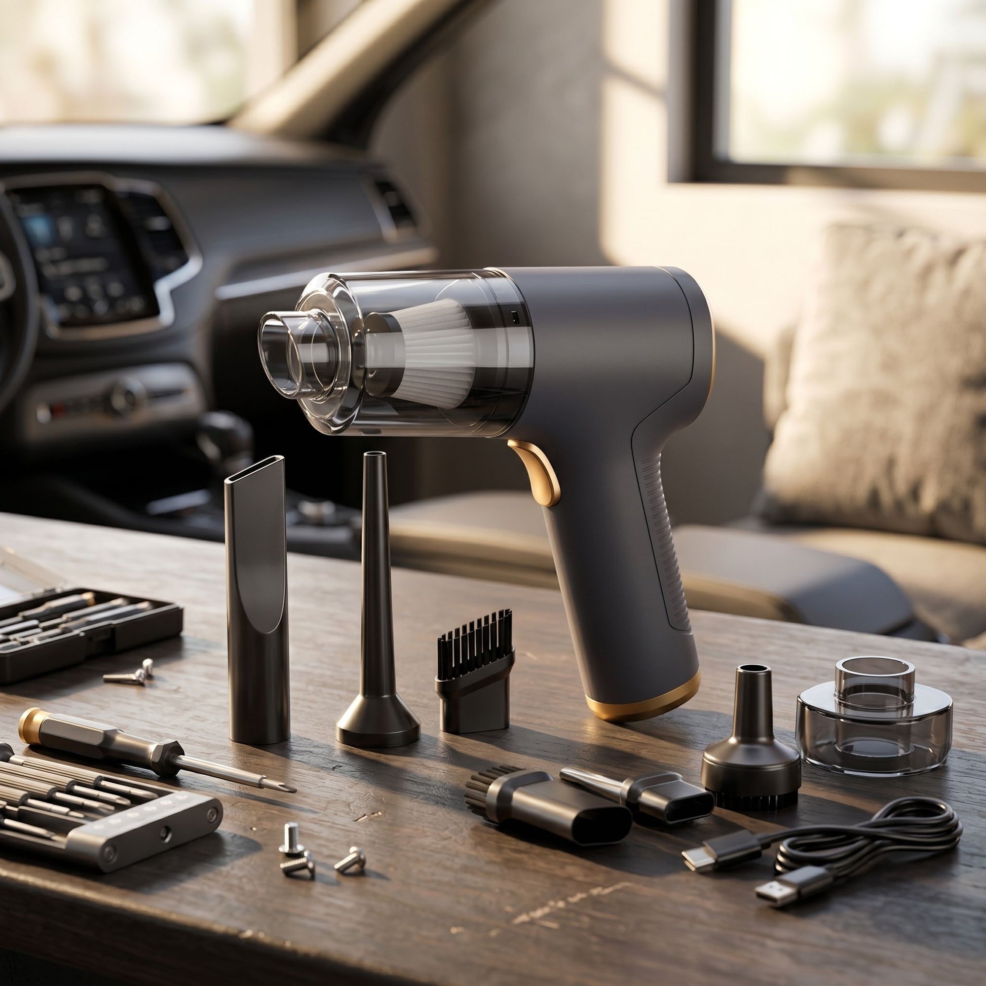 Handheld car vacuum in a natural garage setting with tools and blurred car interior in the background, illuminated warmly.