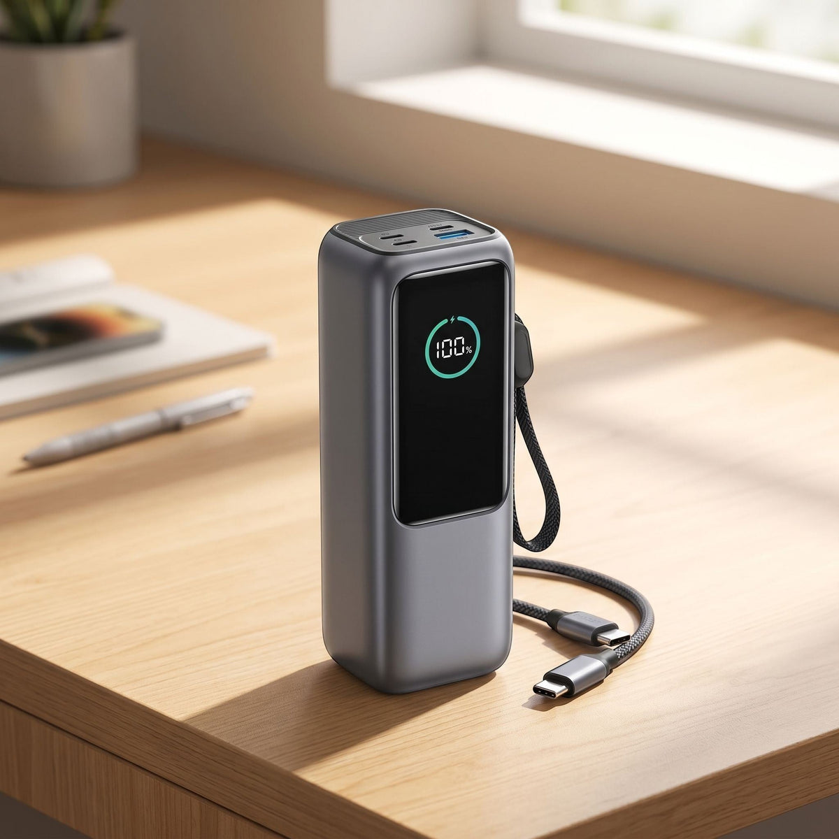 Realistic scene of the power bank on a wooden desk in a workspace with natural light, showing retractable cables and device features.
