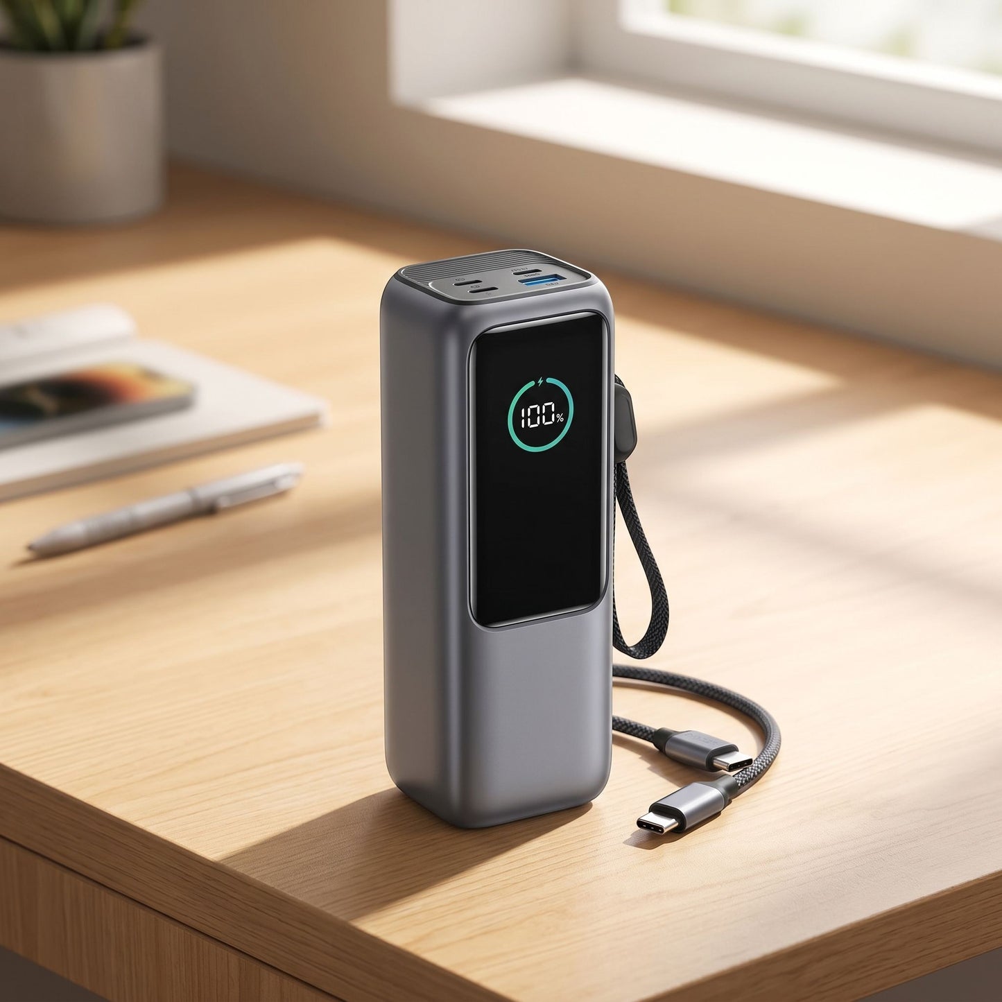 Realistic scene of the power bank on a wooden desk in a workspace with natural light, showing retractable cables and device features.