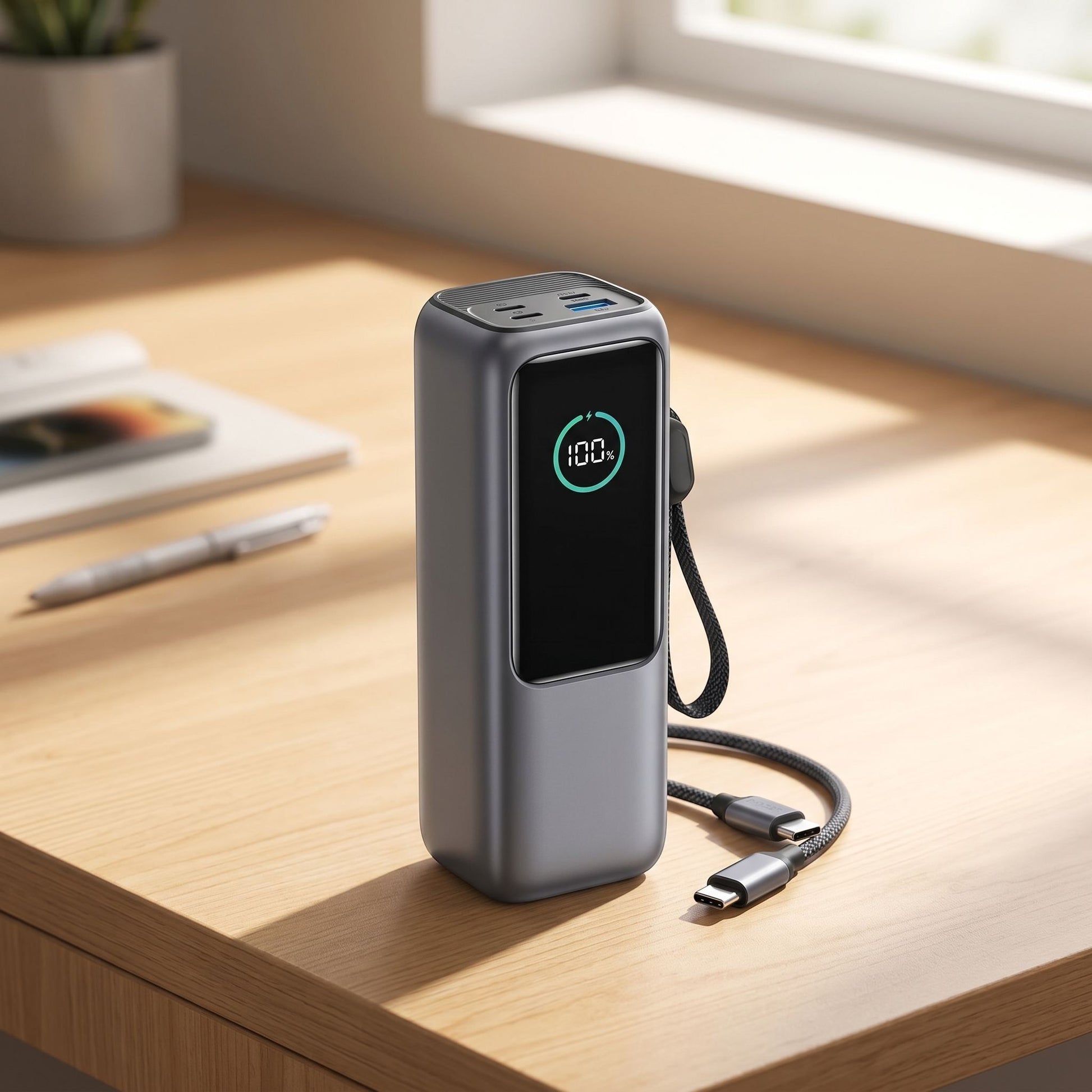 Realistic scene of the power bank on a wooden desk in a workspace with natural light, showing retractable cables and device features.