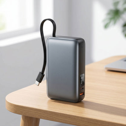 Power bank placed on a wooden desk in natural daylight, showing ports and built-in cable, suitable for workspace or cafe use.