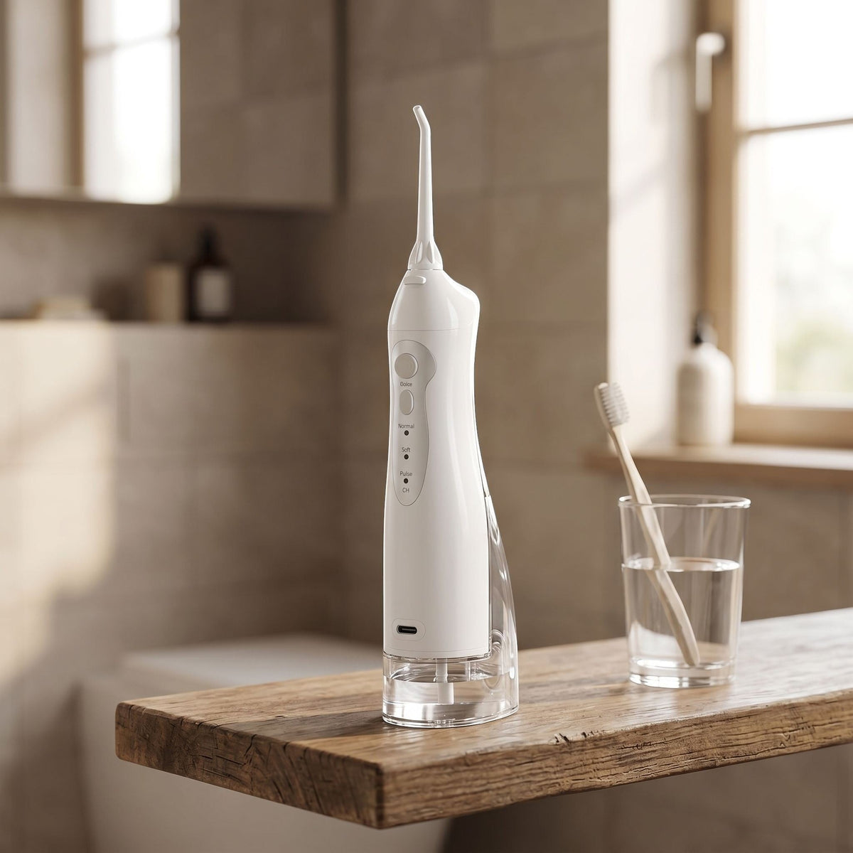 Portable water flosser next to toothbrush and glass of water on wooden shelf in inviting bathroom setting.