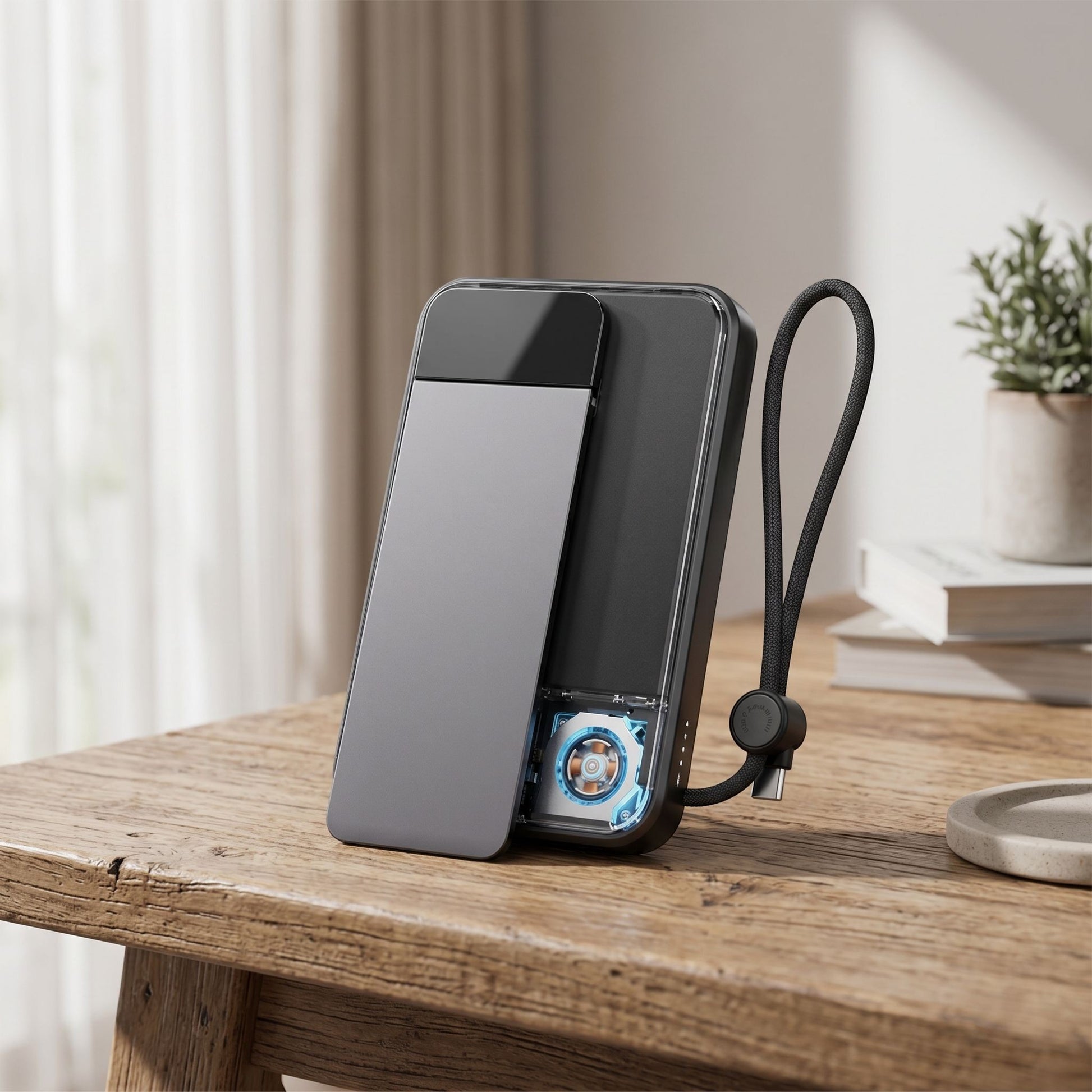 Power bank standing upright on wooden table in natural light, showing magnetic area and foldable kickstand.