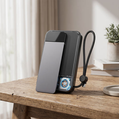 Power bank standing upright on wooden table in natural light, showing magnetic area and foldable kickstand.