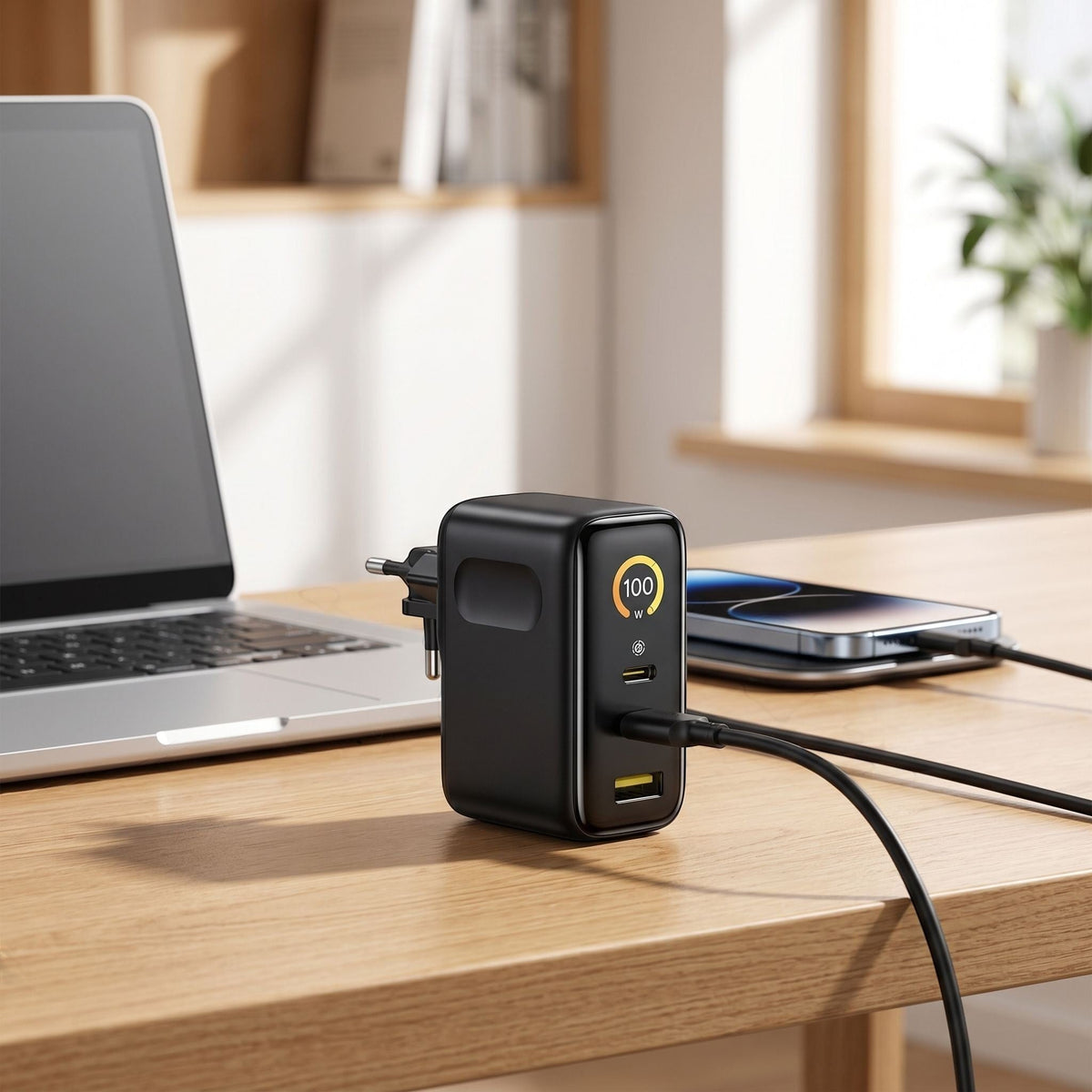 Unbranded 100W USB-C fast charger placed on a modern desk near a laptop and smartphone in a cozy home or office environment.