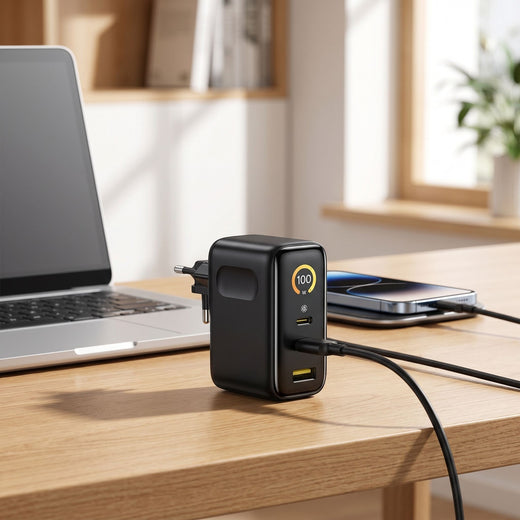 Unbranded 100W USB-C fast charger placed on a modern desk near a laptop and smartphone in a cozy home or office environment.