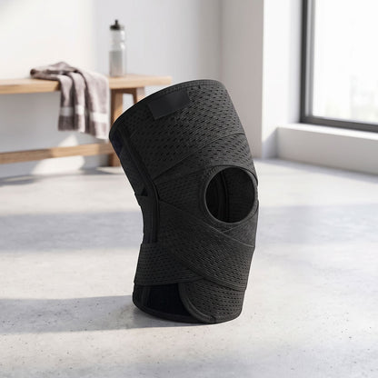 Knee brace with open-patella design and support straps placed on textured white surface in a casual workout scene.