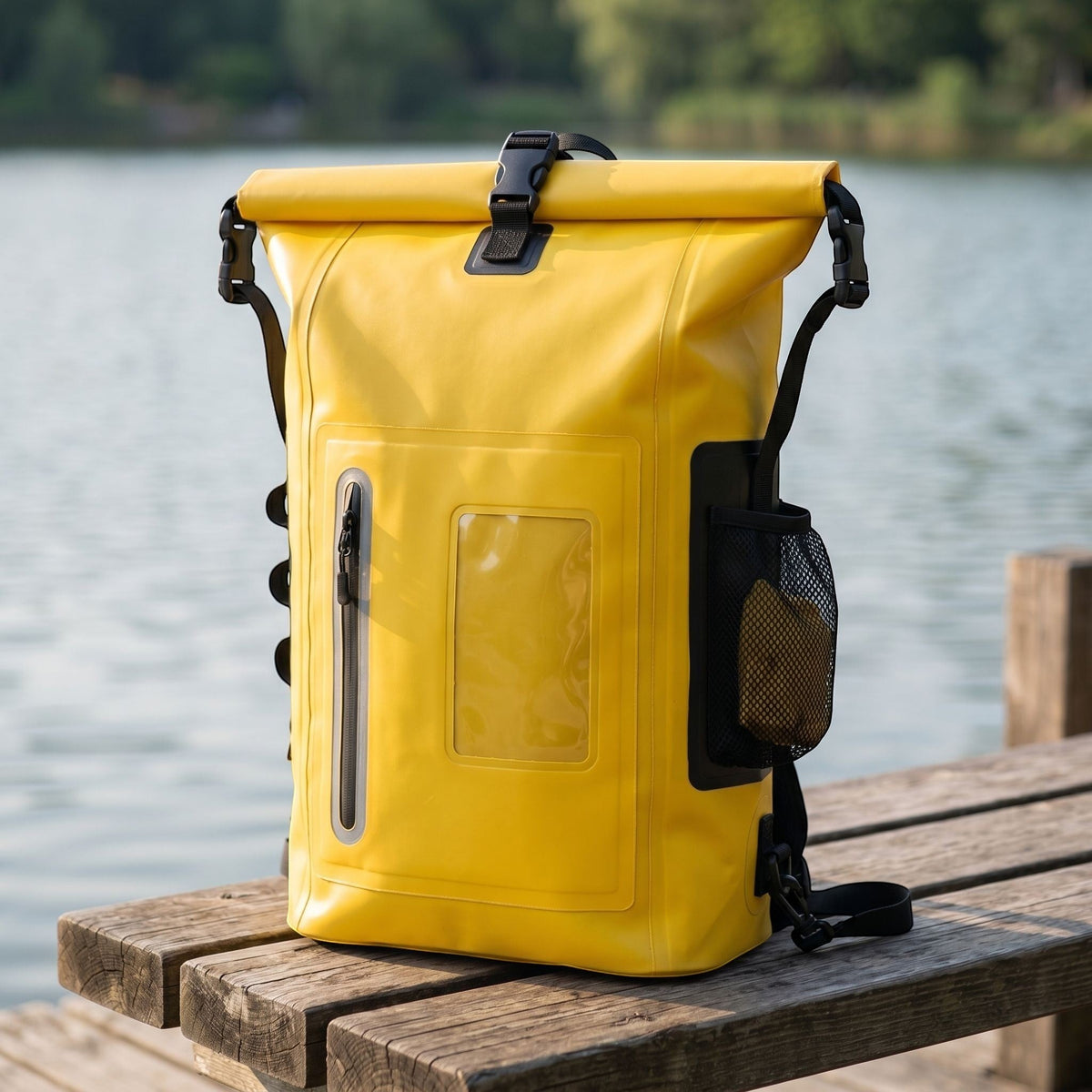 Outdoor scene of waterproof dry bag backpack on a picnic table near a lake, highlighting features like clear phone pocket and reflective strip with natural sunlight.