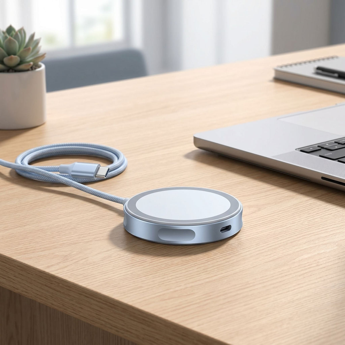 Wireless charger positioned on a modern workspace near a laptop with a phone magnetically aligned, natural daylight highlighting its construction and design.