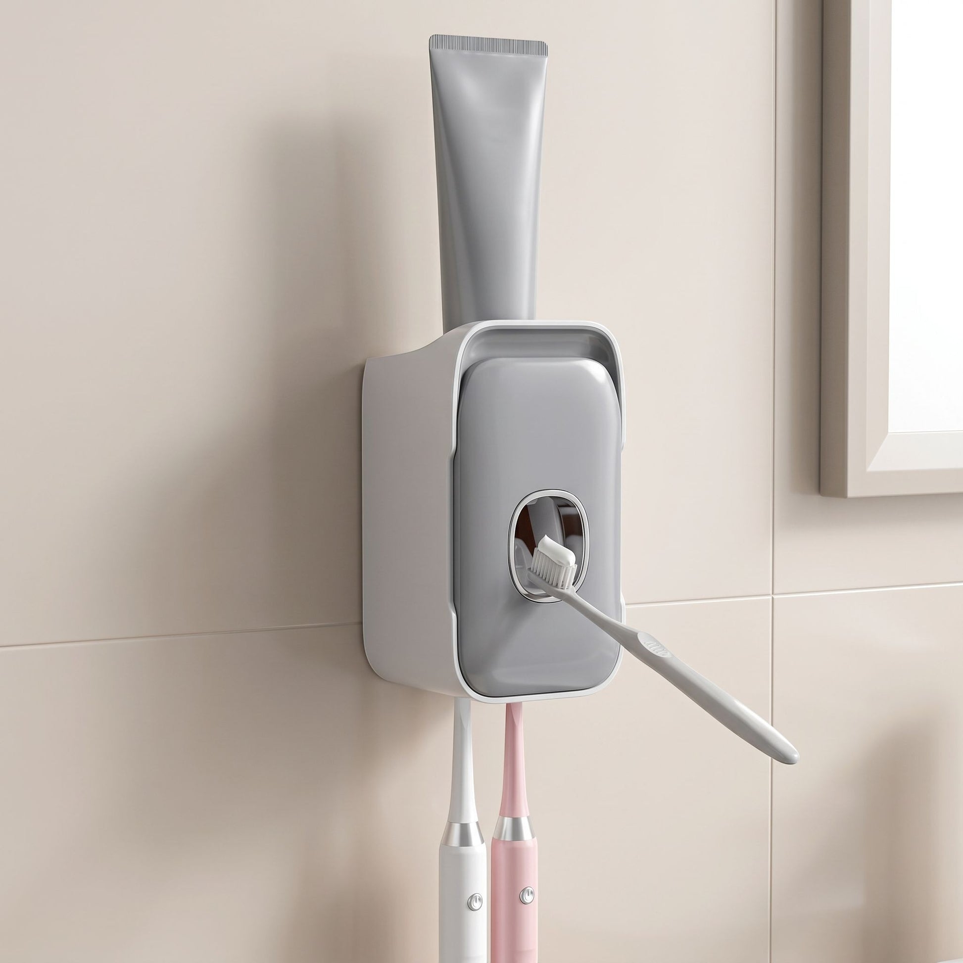 Unbranded wall-mounted toothpaste dispenser on a light tiled surface in a home or office environment with natural light.