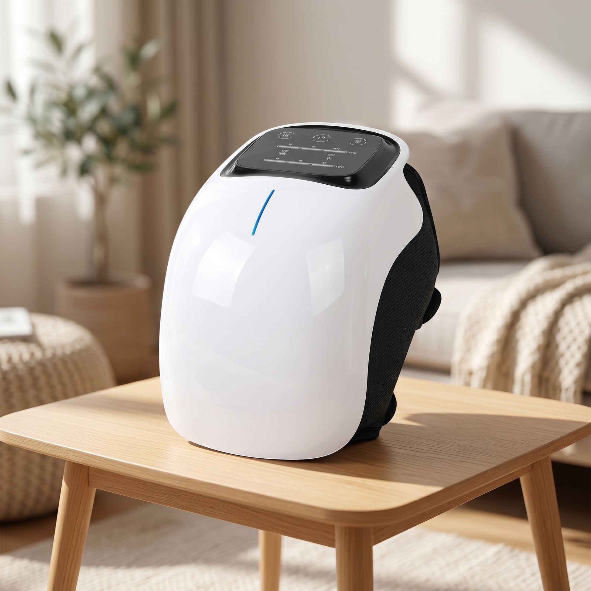 Lifestyle scene of a cordless knee massager on a contemporary coffee table in a cozy living space, illuminated by warm daylight.