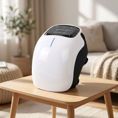 Lifestyle scene of a cordless knee massager on a contemporary coffee table in a cozy living space, illuminated by warm daylight.