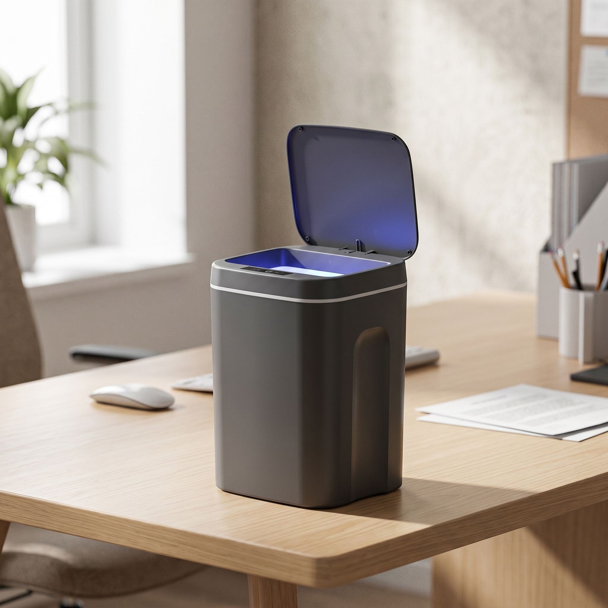 Unbranded 16L sensor trash can on office desk with natural lighting in modern workspace.
