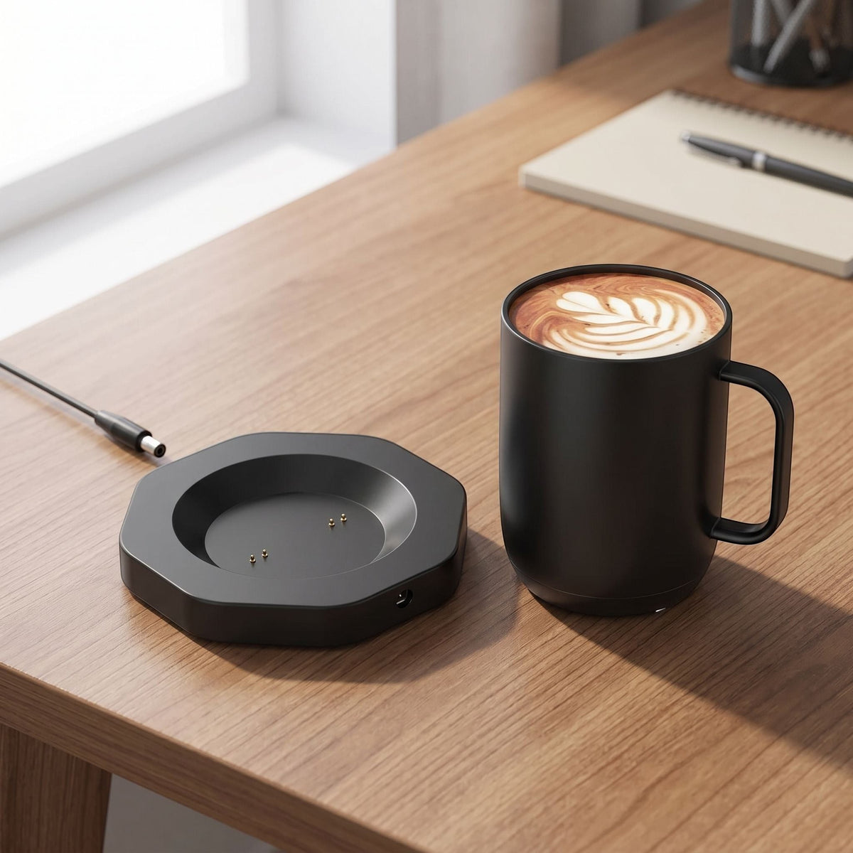Full view of a black smart mug charging dock on a minimalist wooden desk, emphasizing its lightweight plastic construction and simple form.