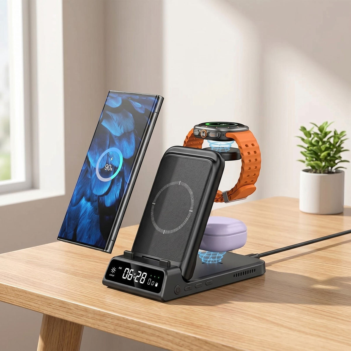 Realistic product photo of a 3-in-1 wireless charging station on a modern desktop, showcasing its foldable design, textured surface, and digital clock.