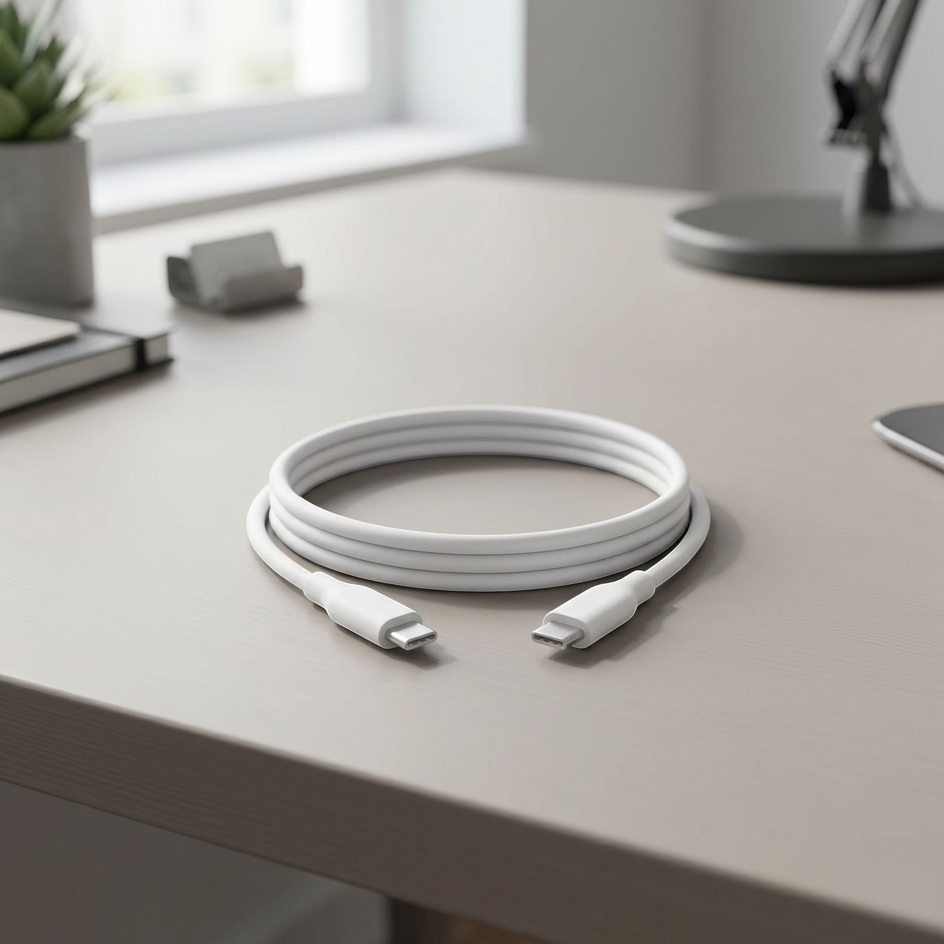 Silicone USB-C fast charging cable placed on a modern desk with natural lighting highlighting its soft texture.