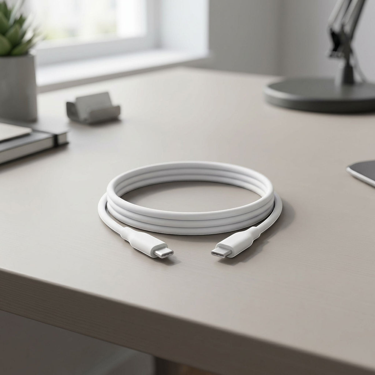 Silicone USB-C fast charging cable placed on a modern desk with natural lighting highlighting its soft texture.