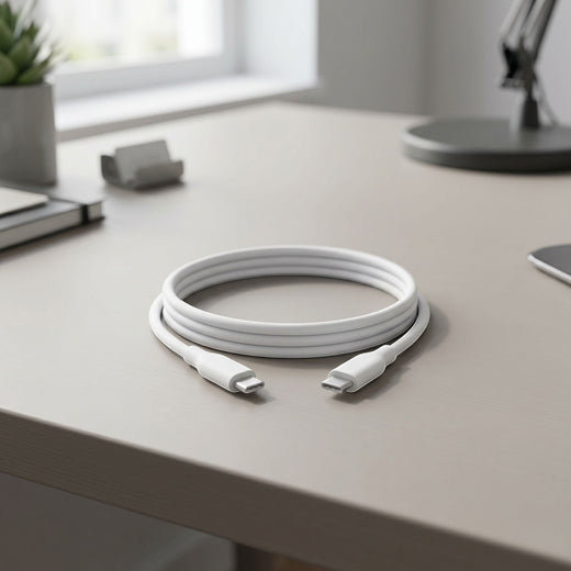 Silicone USB-C fast charging cable placed on a modern desk with natural lighting highlighting its soft texture.