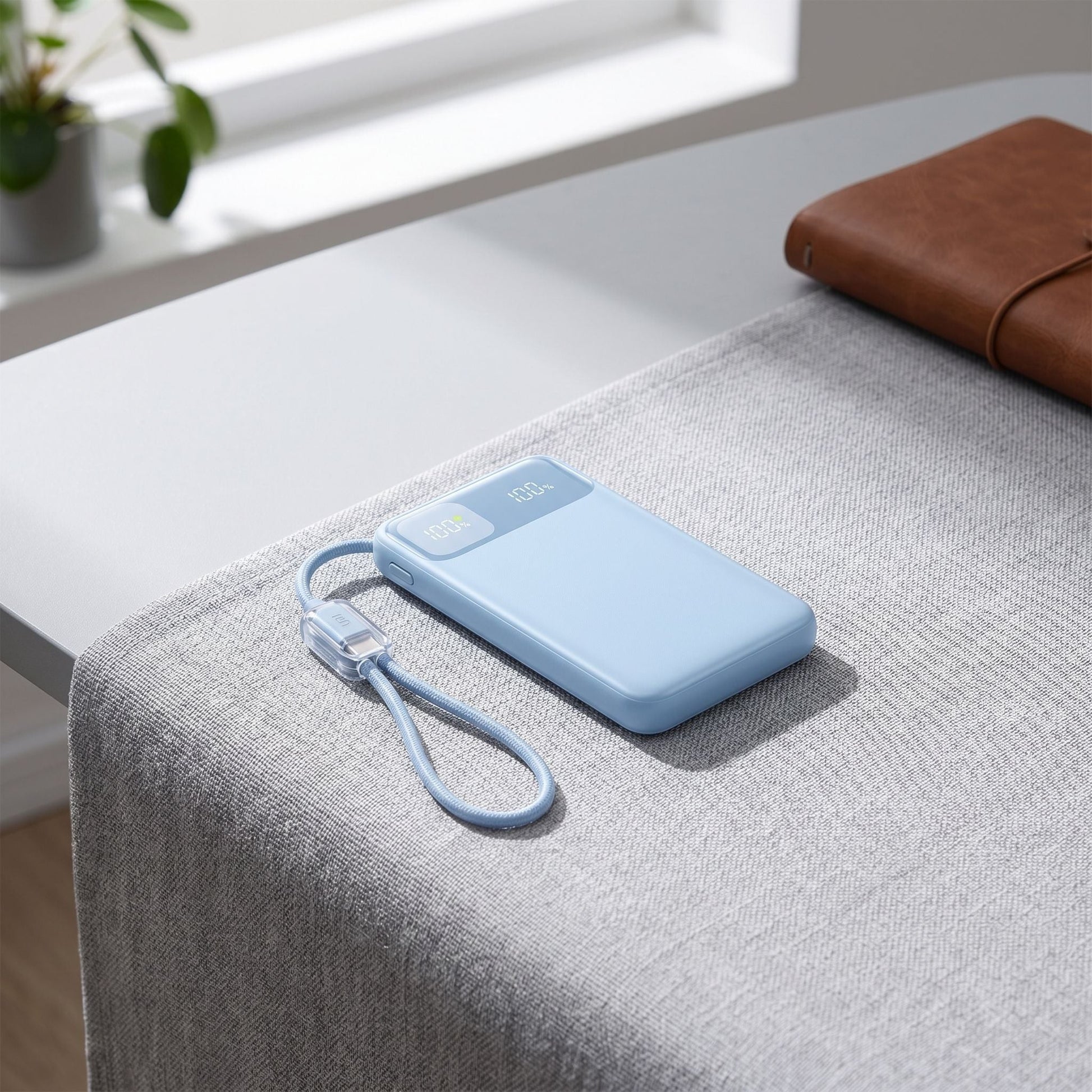 Modern workspace scene with a small power bank displaying battery status and dual USB-C cables on a textured surface.