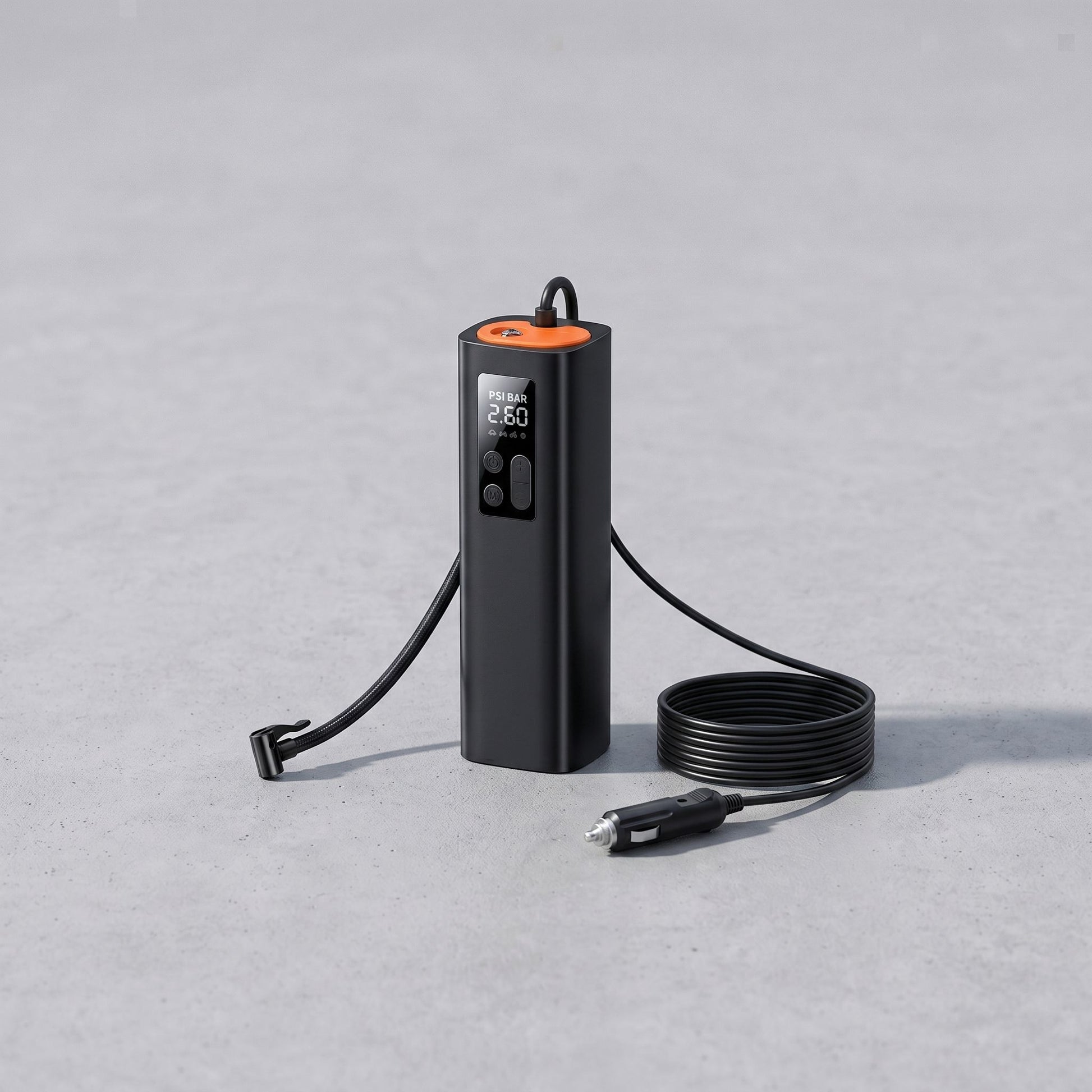 Compact portable 12V digital tire inflator with LED display, flashlight, and extended cord, showcased in a clean studio setting.