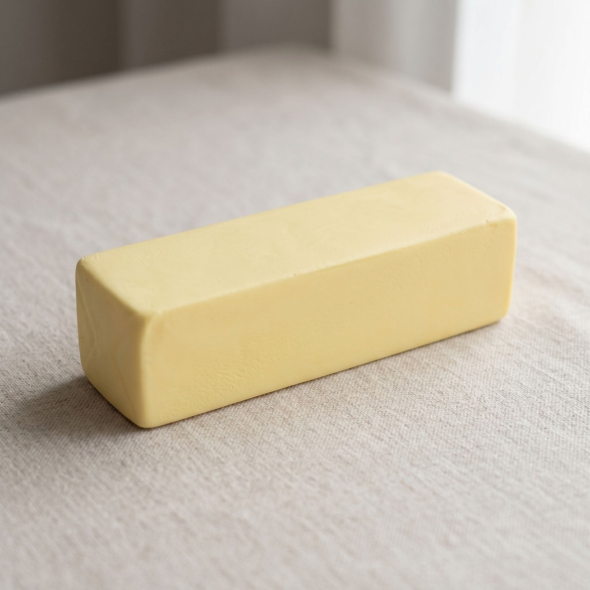 Small butter stick squishy toy made of soft TPE, highlighted in a modern studio setting emphasizing its texture and size.