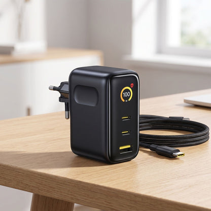 Unbranded 100W USB-C fast charger on a wooden desk, showcasing ports and sleek black surface in a modern studio setting.