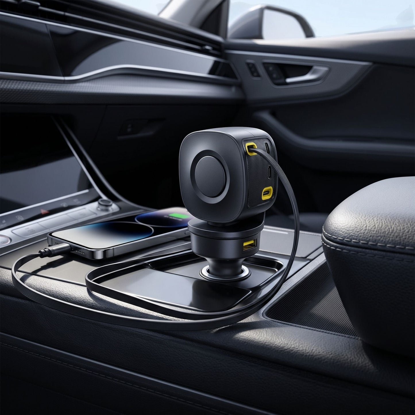 Minimalist 100W retractable car charger in a modern vehicle, centered in the lighter socket with extended cable and natural lighting.
