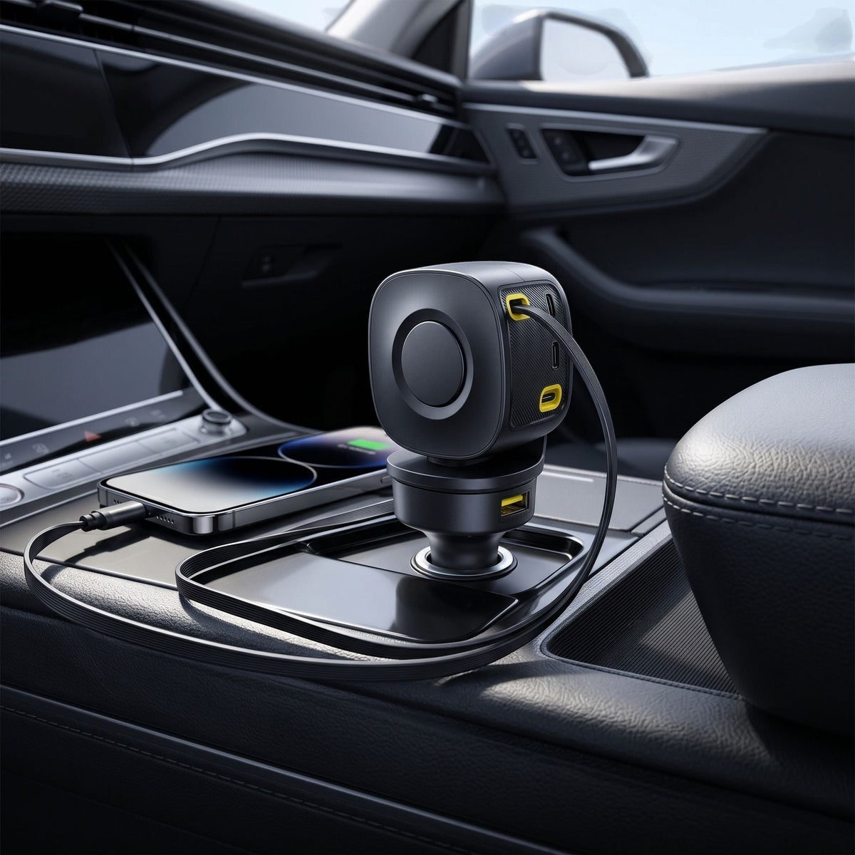 Minimalist 100W retractable car charger in a modern vehicle, centered in the lighter socket with extended cable and natural lighting.