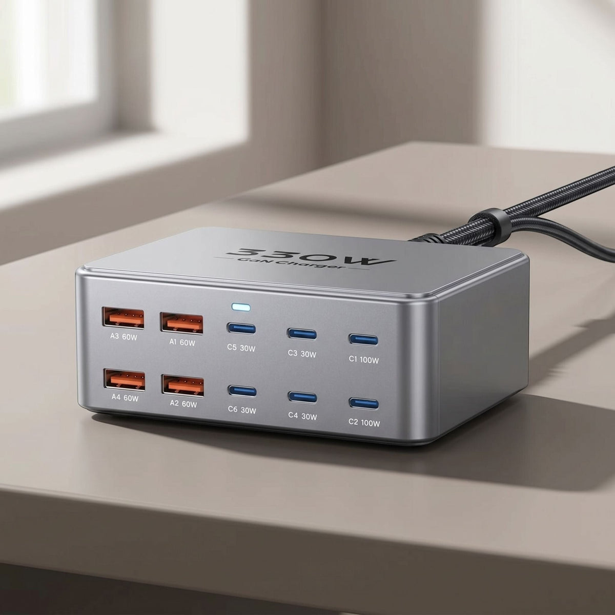 Product photo of a sleek 330W multiport GaN charging station on a neutral desk in a modern studio with natural side lighting, highlighting ports and display.