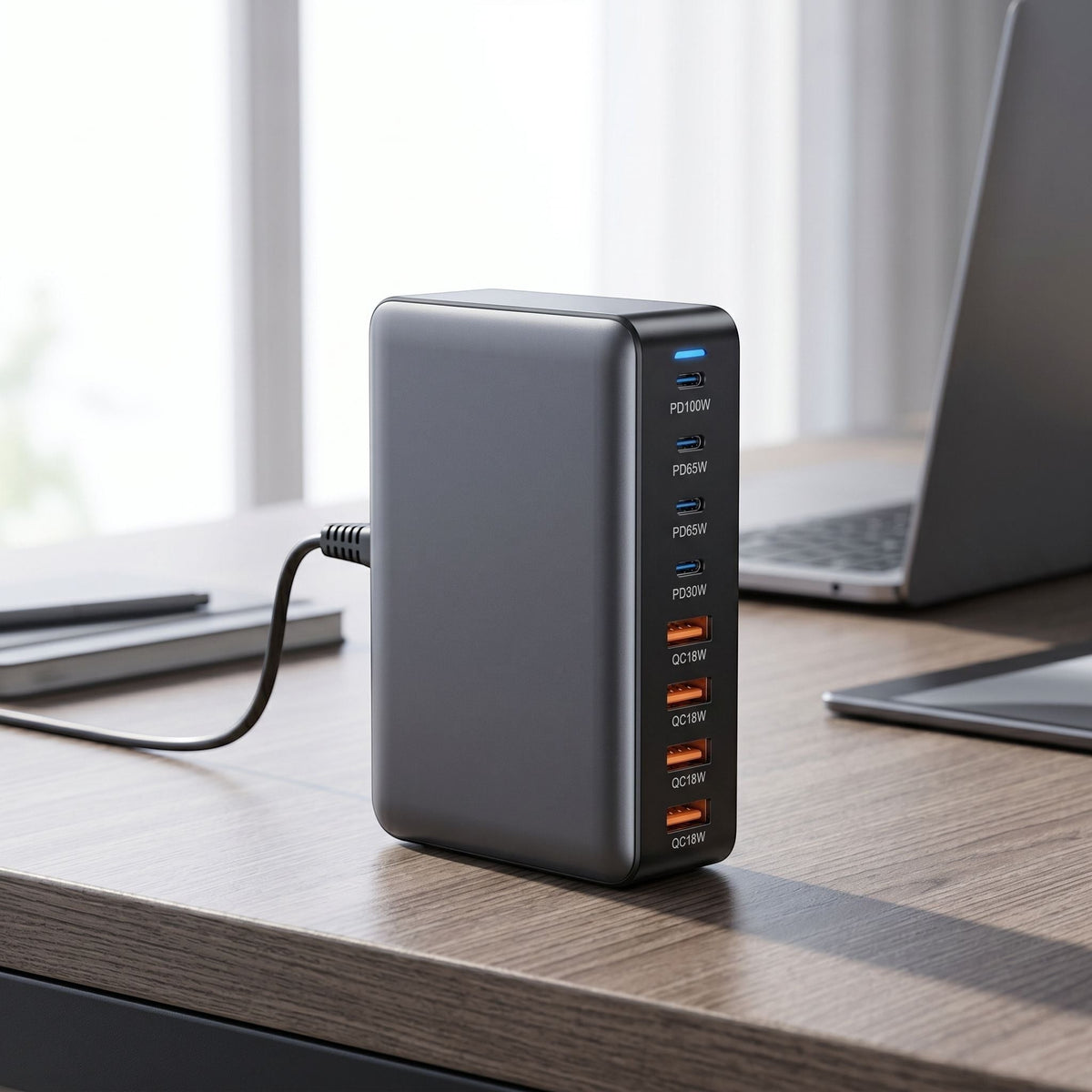 Modern GaN desktop charging station placed on a stylish workspace surface, emphasizing its multi-port design and compact size.