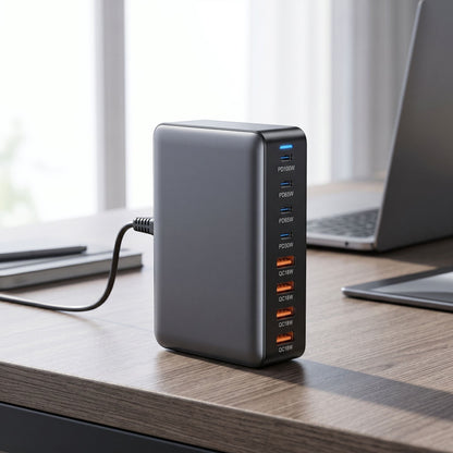 Modern GaN desktop charging station placed on a stylish workspace surface, emphasizing its multi-port design and compact size.
