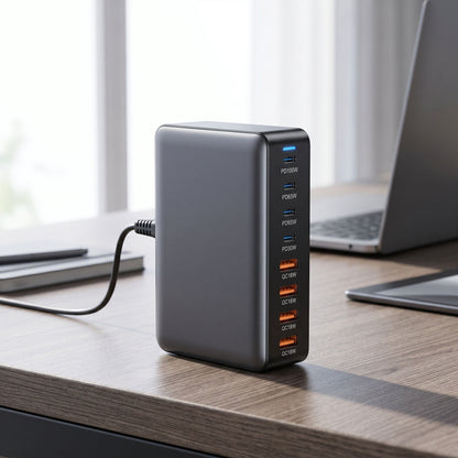 Modern GaN desktop charging station placed on a stylish workspace surface, emphasizing its multi-port design and compact size.