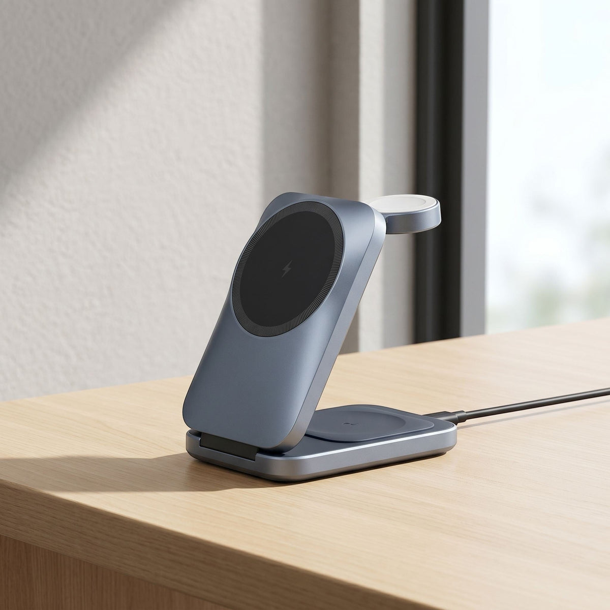 Foldable 3-in-1 wireless charging station on a sleek desk, showing phone, watch, and earbuds charging in natural light.
