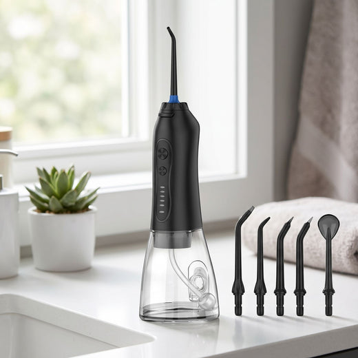Generic cordless water flosser placed on a modern white bathroom countertop with natural light, focused on the device's shape and surface.