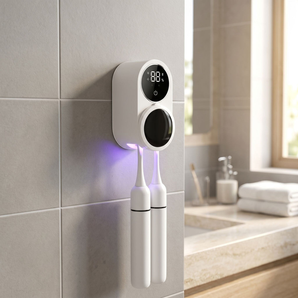 Close-up of mounted toothbrush sterilizer with dual slots and LED display in a natural, hygienic bathroom setting.