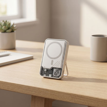 Realistic shot of 10000mAh magnetic wireless power bank on a minimalist desk with warm lighting and subtle surface reflections.