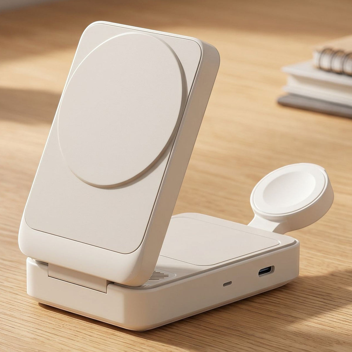 Top view of a 10000mAh 35W mini power bank lying flat on a natural material surface inside a cozy home setting with natural lighting.