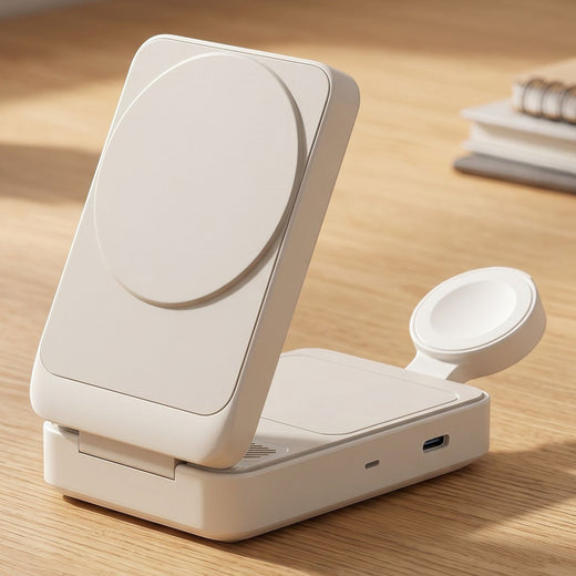 Top view of a 10000mAh 35W mini power bank lying flat on a natural material surface inside a cozy home setting with natural lighting.