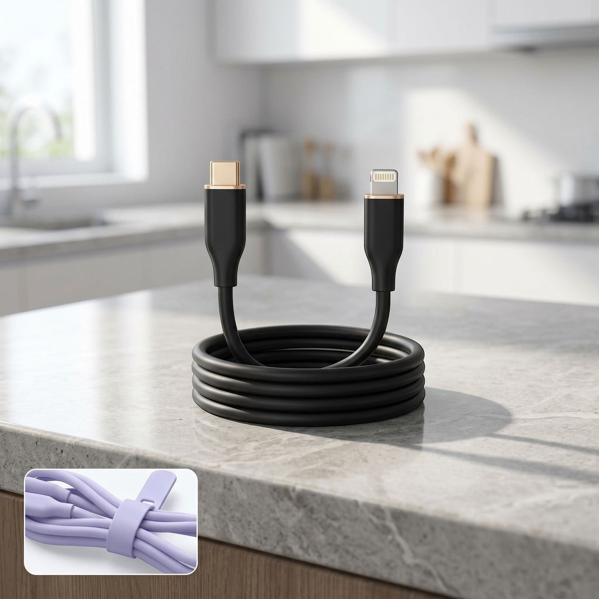 Small silicone USB-C cable coiled on a natural stone kitchen countertop, showcasing its sleek design and flexible surface.
