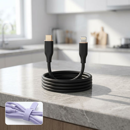 Small silicone USB-C cable coiled on a natural stone kitchen countertop, showcasing its sleek design and flexible surface.