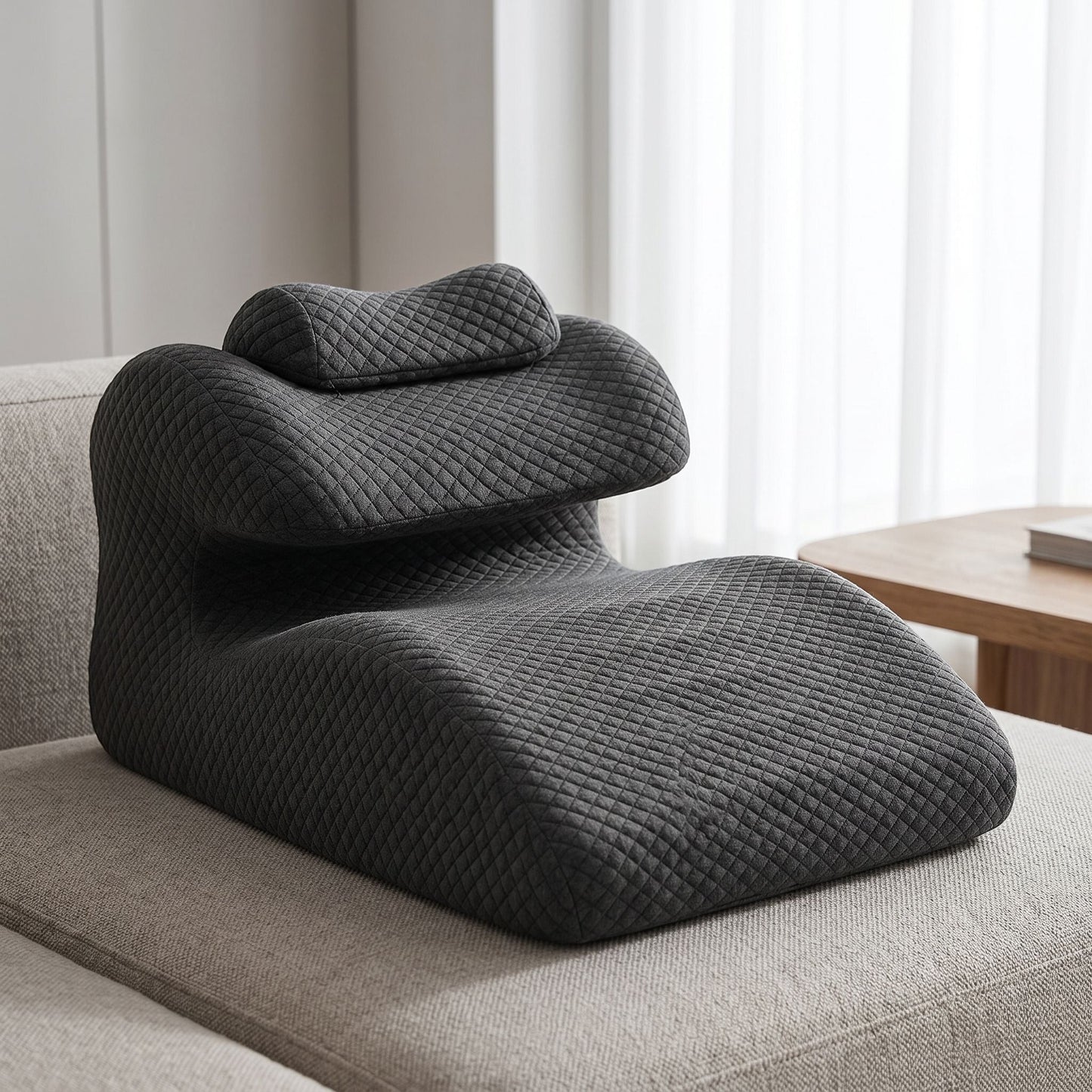 Support pillow with curved design, memory foam filling, and removable cover placed on textured fabric.